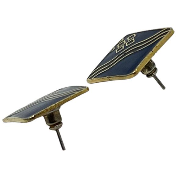 Blue, Gold & Black Enamel Post Earrings for Pierced Ears Retro 1980s Jewelry - Picture 5 of 9